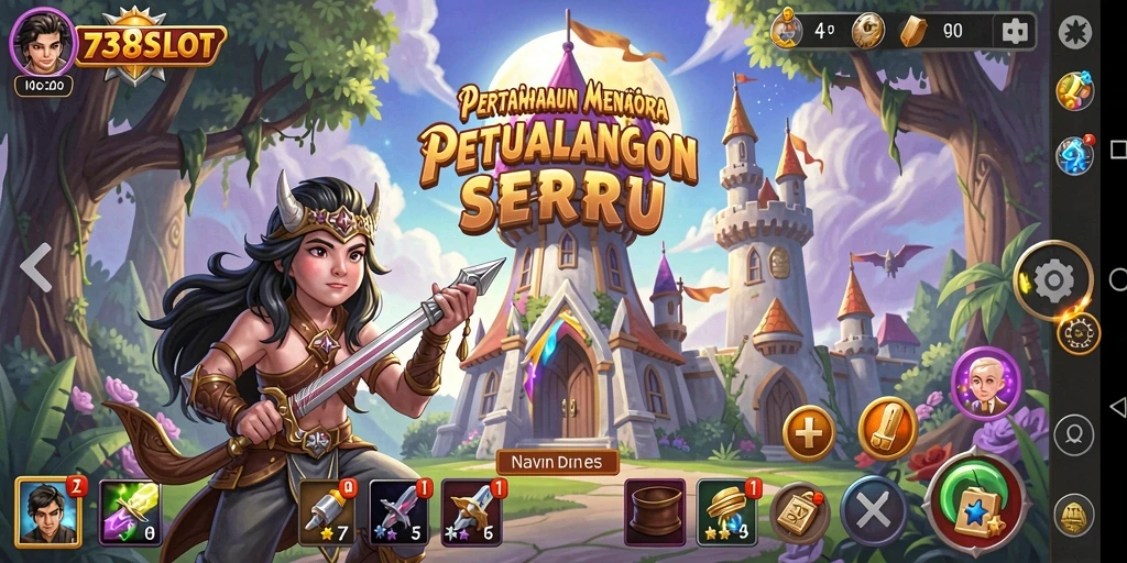 Tampilan permainan 738SLOT yang menegangkan dengan menara dan musuh.