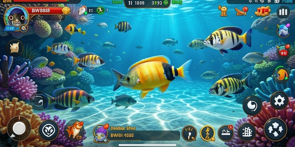 Tangkapan layar gameplay BW888 yang menampilkan aksi menembak ikan.