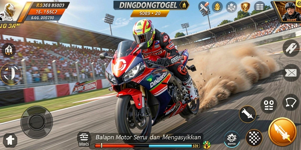 Screenshot dari gameplay DINGDONGTOGEL yang menampilkan aksi balapan motor.