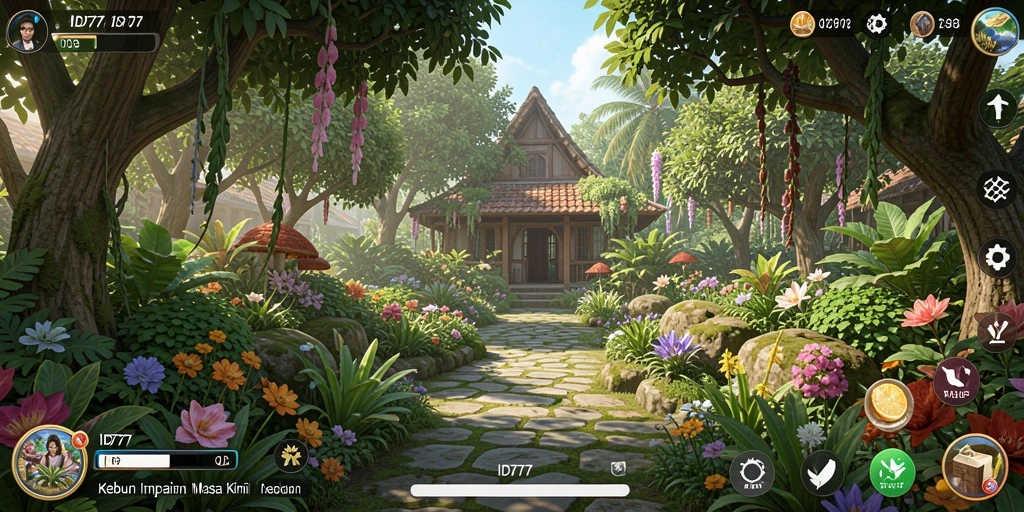 Tangkapan layar gameplay ID777 menunjukkan suasana bercocok tanam yang ceria.