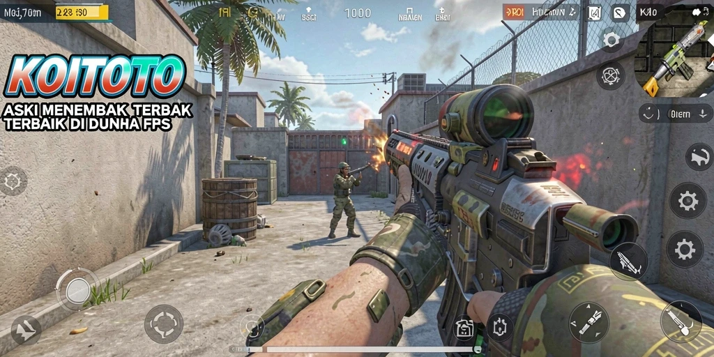 Screenshot KOITOTO menampilkan karakter bertarung dalam peperangan FPS yang intens.
