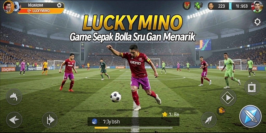 Gameplay seru di LUCKYMINO menunjukkan pertandingan sepak bola yang mendebarkan.