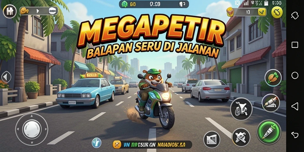 Gameplay seru MEGAPETIR dengan balapan cepat dan mobil keren.