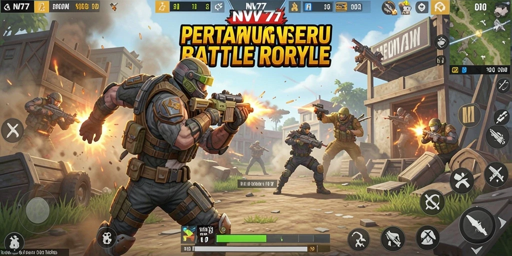 Tampilan gameplay seru di NV77 saat bertarung dalam arena Battle Royale.