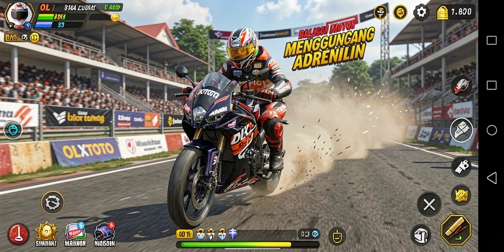 Screenshot gameplay OLXTOTO yang menunjukkan aksi balapan motor lengkap.