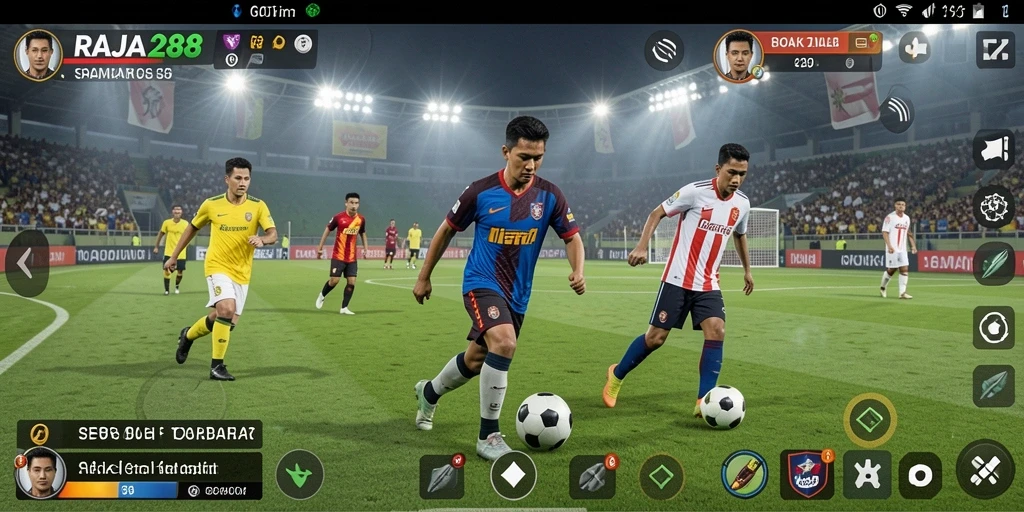 Screenshot gameplay RAJA288 menampilkan aksi seru di lapangan sepak bola.