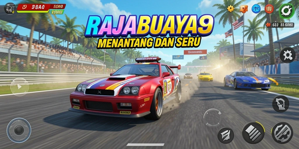 Tampilan gameplay RAJABUAYA89 dengan aksi balap yang intens.